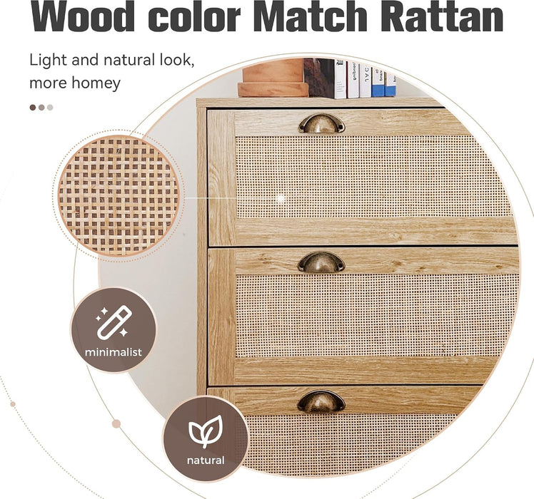 Natural Rattan Nightstand, 3 Drawer Dresser Bedside Table