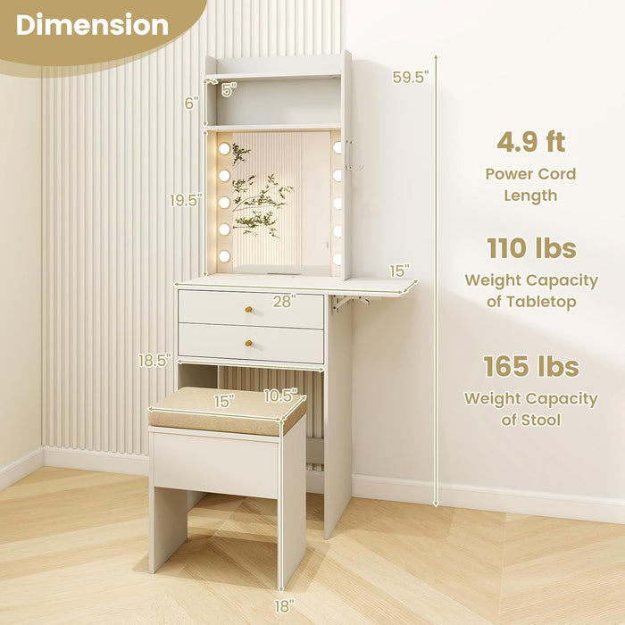 Compact Girls Vanity Desk with LED Mirror, 20-Inch Narrow Tall Makeup Table for Small Bedrooms, Foldable Side Panel, 2 Drawers & Shelves, Charging Station, Storage Stool, White