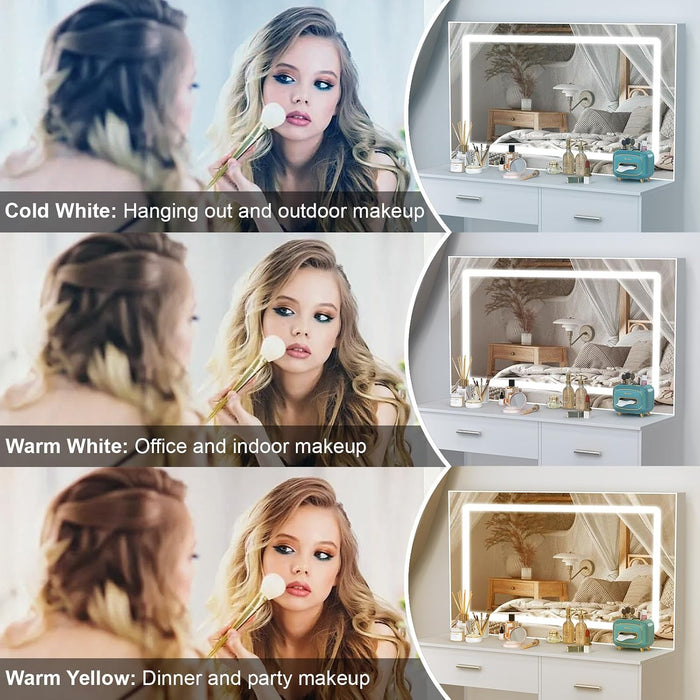 White Makeup Vanity Desk Set with Large Mirror, 31.5X14.2X51.5 Inch Makeup Vanity with 5 Drawrs, 3 Adjustable Light Modes, Vanity for Bedroom & Dressing Room