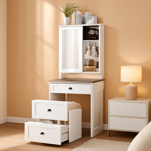 3 in 1 Small Vanity Desk with Lights and Mirror,Tall Lighted Compact Vanity with Charging Station,Makeup Vanity Set with Jewelry Armoire,Glass Top,Wheeled Stool,3 Drawers, White