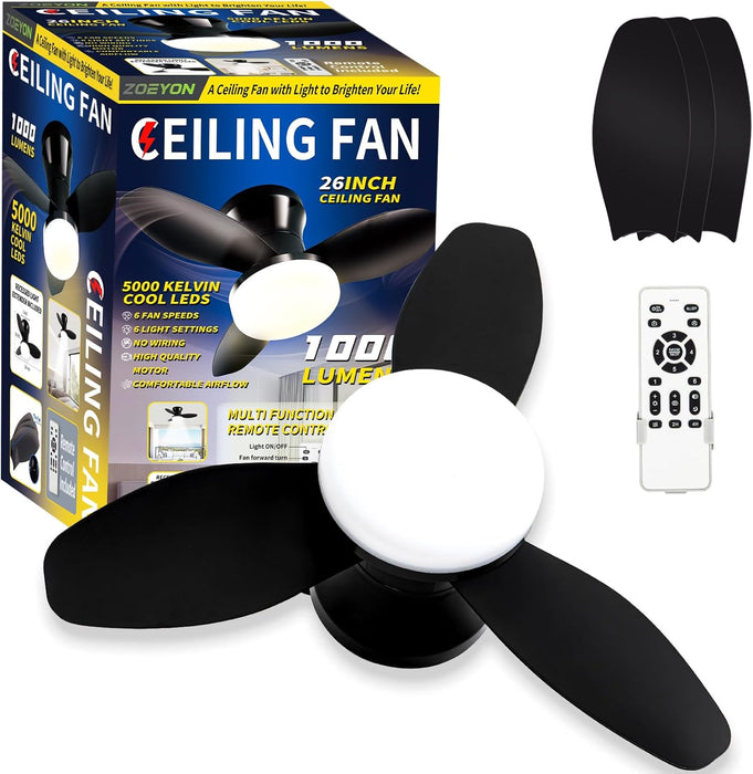 Small Ceiling Fan with Light - 26 Inch Flush Mount Ceiling Fan with Lights and Remote, Low Profile Ceiling Fans with 3 Reversible Blades, 6 Wind Speeds, Black Ceiling Fans for Bedroom