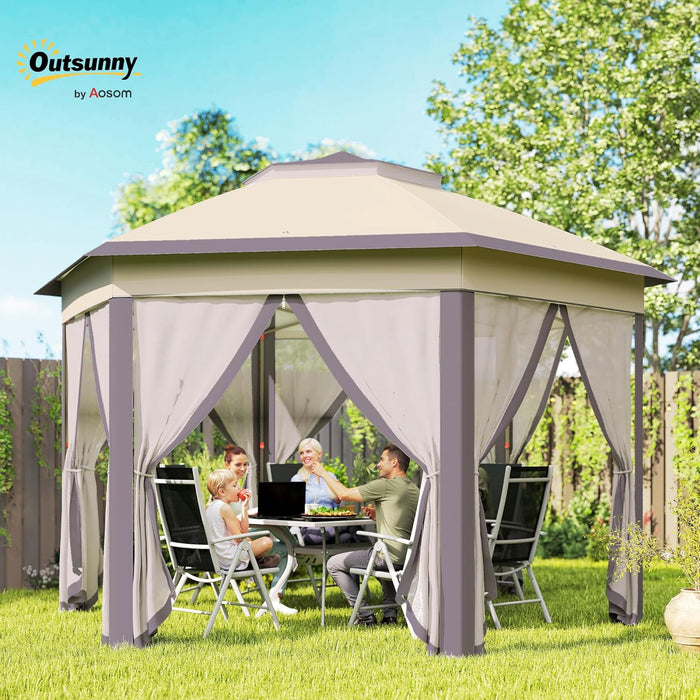 13' X 13' Pop up Gazebo, Hexagonal Canopy Shelter with 6 Zippered Mesh Netting, Event Tent with Strong Steel Frame for Patio Backyard Garden Wedding Party, Coffee and Beige