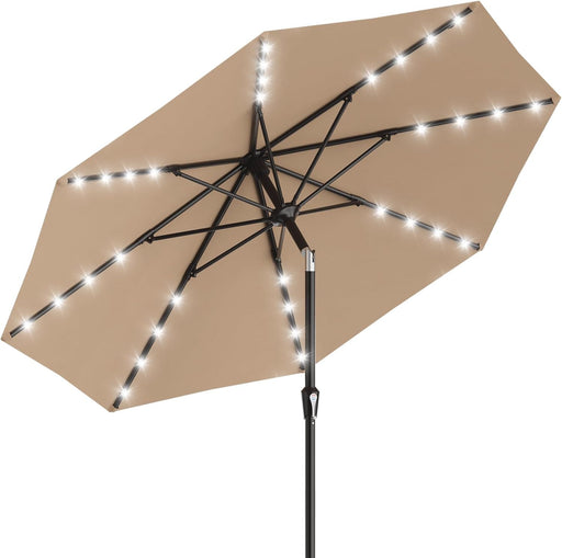 9FT Patio Umbrella with Solar Lights, 32 Lighted Pool Umbrella W/Tilt and Crank, Outdoor Market Solar Umbrellas for Garden, Deck, Backyard, Pool and Beach, Beige