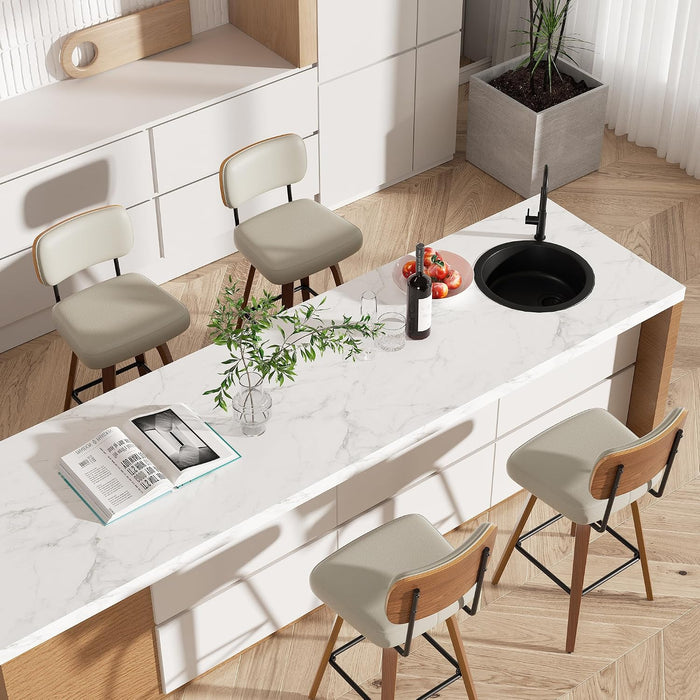 Swivel Bar Stools Set of 2, 26" Upholstered Modern Faux Leather Counter Height Barstools with Walnut Back & Bentwood Legs, Mid Century Bar Chairs Island Stools for Kitchen Counter, Beige Grey