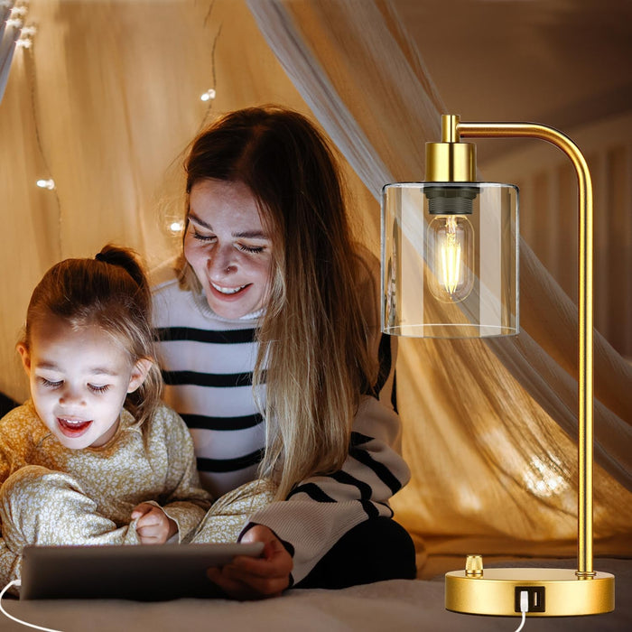 Set of 2 Industrial Table Lamps with 2 USB Port, Gold Fully Stepless Dimmable Bedside Lamps for Bedrooms, Nightstand Desk Lamps with Clear Glass Shade for Reading Living Room Office 2 LED Bulb