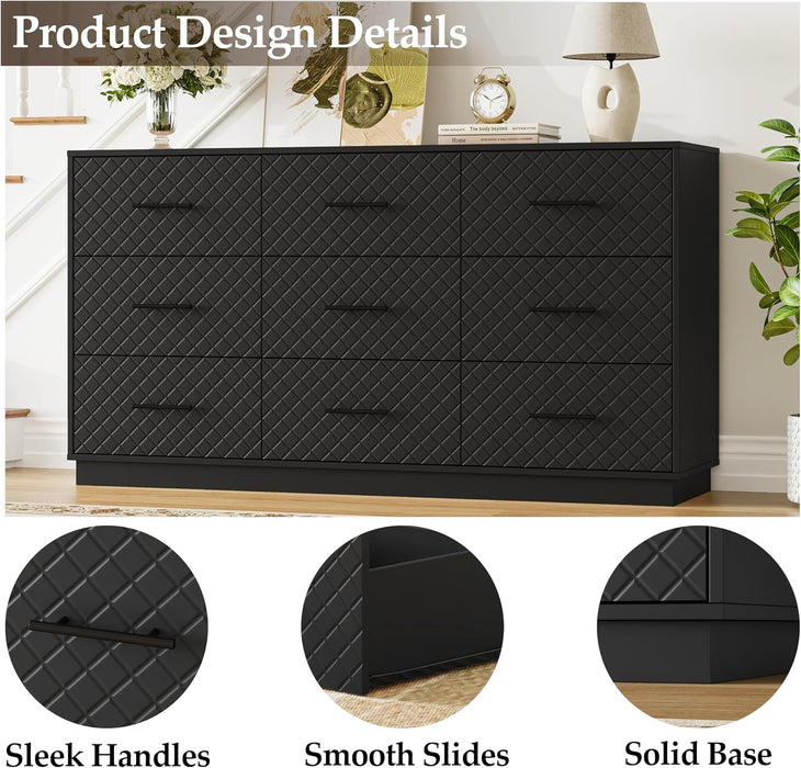 9 Drawers Dresser for Bedroom, 58” Wide Modern Chest of Drawers with Diamond Panel, Anti-Tipping Device, Wood Stable Storage Organizer for Bedroom, Nursery, Living Room