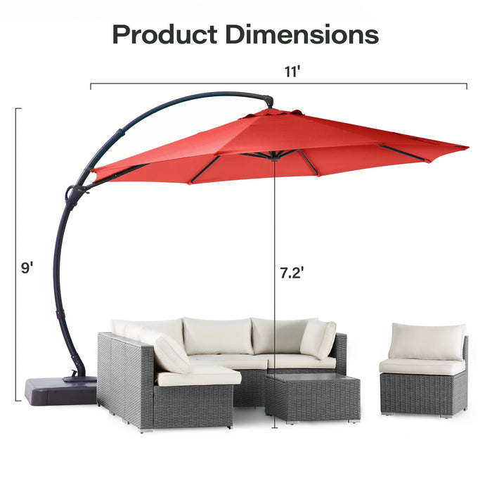 11FT Deluxe Patio Umbrella with Base, Outdoor Large Hanging Cantilever Curvy Umbrella with 360° Rotation, Red