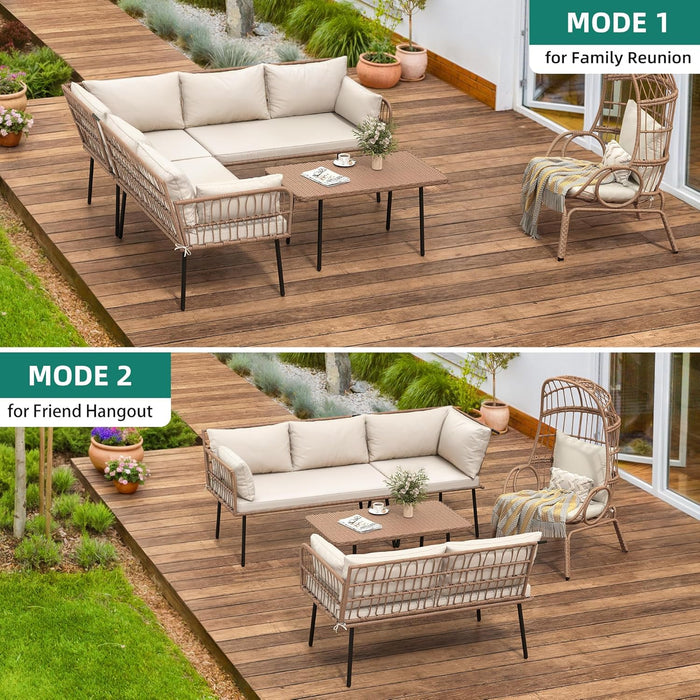 4-Piece Wicker Patio Furniture Set, All Weather PE Rattan Conversation Set Sectional Sofa with Soft Cushions & Side Table, Porch Furniture for Deck, Balcony, Backyard - Beige