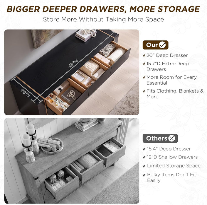 63" Modern 9 Drawer Dresser for Bedroom, 20" Depth for More Storage