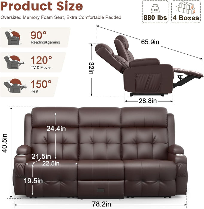 Recliner Sofa, Massage Reclining Sofa 3 Seater Sets Heavy Weight Capacity, RV Loveseat Couch Clearance with Flip Back Console, Storage, Cup Holders, Wall Hugger Reclining Couch for Living Room