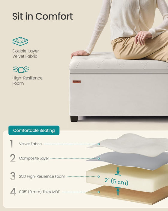 Velvet Storage Ottoman Bench, Foot Rest with Legs, 15.7 X 43 X 15.7 Inches, End of Bed Bench, Storage Chest, Load up to 660 Lb, for Living Room, Bedroom, Entryway, Cream White ULSF089W01