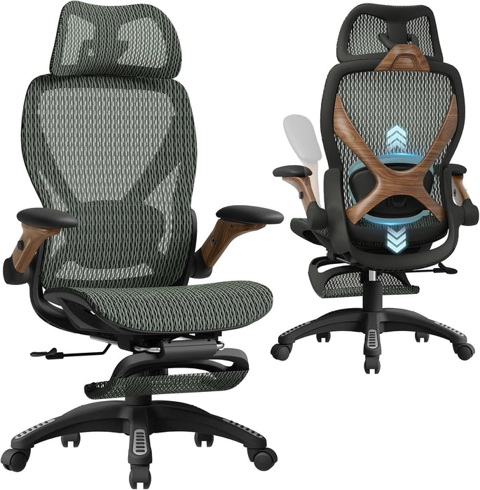 X100 Ergonomic Mesh Office Chair with Footrest, Big and Tall Home Desk Chair with 5D Flip-Up Arms, Adjustable 3D Lumbar Support, Gaming & Executive Computer Chair (Forest Ranger)