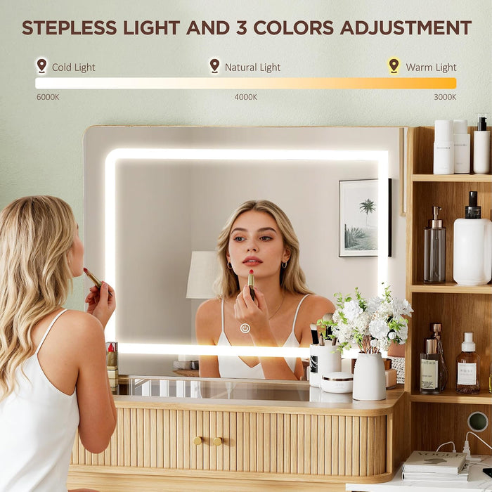 Fluted Makeup Vanity Desk with Large Lighted Mirror, Glass Top Vanity Table with 2 Drawers & Sliding Cabinet, Dressing Table with Stool and Charging Station for Bedroom, Natural Oak