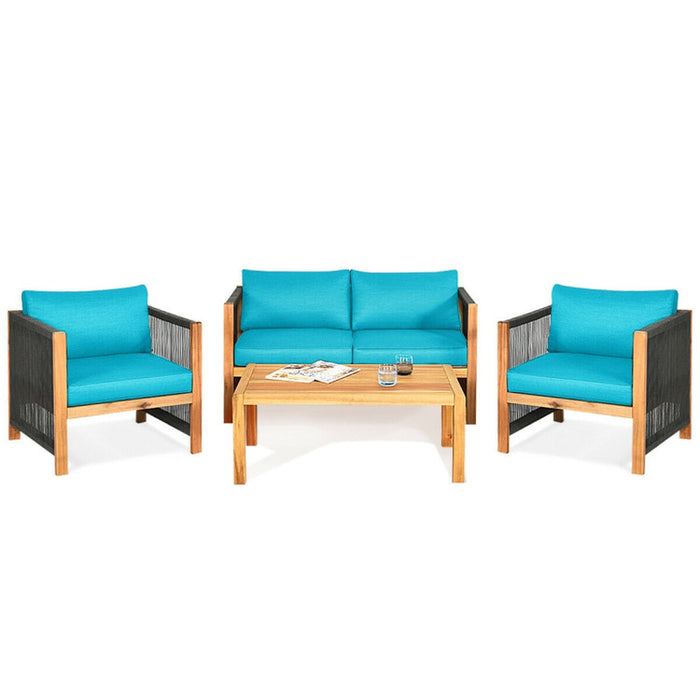 4 Pieces Acacia Wood Sofa Set with Cushions for Outdoor Patio