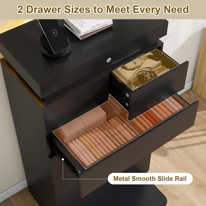 51" Tall Black Dresser 7 Drawer with LED Lights & Charging Station