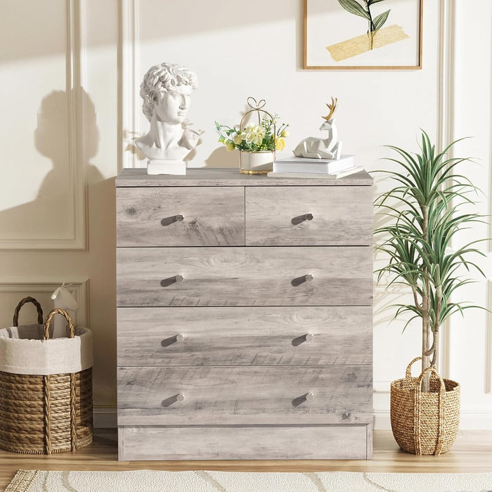 Grey 5 Drawer Dresser for Bedroom, Modern Wood Dresser Chest of Drawers, Rustic Bedroom Dressers Clothes Organizer, Anti-Tipping Device, Rose Gold Metal Handle, Living Room, Entryway, Office