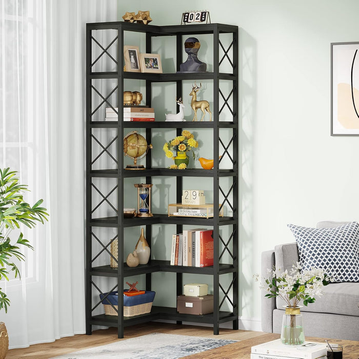 7-Shelf Corner Bookshelf,Large Modern Corner Bookcase, 7-Tier Tall Corner Shelf Storage Display Rack with Metal Frame for Living Room Home Office (Black)