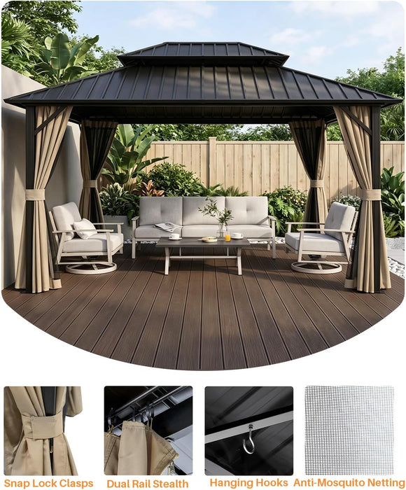 10' X 12' Hardtop Gazebo, Aluminum Frame Outdoor Patio Gazebo with Netting and Curtains, Outdoor Hardtop Gazebos, Patio Pergolas with Double Metal Roofs for Backyard, Patio, Deck, Sandstone