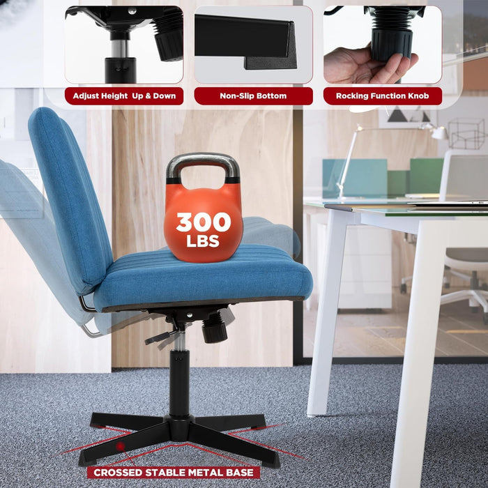 Criss Cross Chair,Armless Cross Legged Office Chair,Wide Comfty Desk Chair with No Wheels Modern Height Adjustable,Swivel Fabric Vanity Chair Computer Task Chair (Pack of 1, Dark Blue)