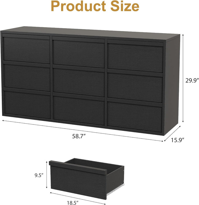 9 Dresser for Bedroom, 58.7" Wide Dresser, Freestanding Horizontal Drawer with Storage, Wooden Closet Chest Storage for Living Room, Hallway, Entryway