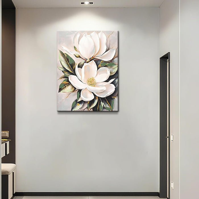 White Flower Canvas Wall Art, Botanical Framed Wall Decor Aesthetic with Handmade Yellow Crystal Accents, Ready to Hang for Bedroom, Bathroom, and Living Room (Flower B, 24*32 In, Wrapped Canvas)
