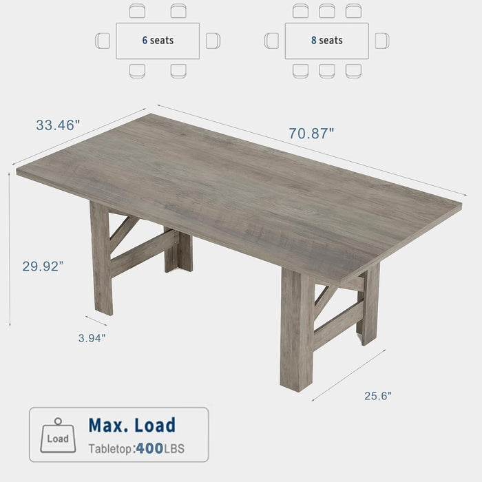 Wood Farmhouse Dining Table for 6-8, Heavy Duty Large Kitchen Table, 70.87" Long Rectangular Dining Room Tables with Strong Legs, Thickness Tabletop, for Big Family, Dinette, Rustic Gray