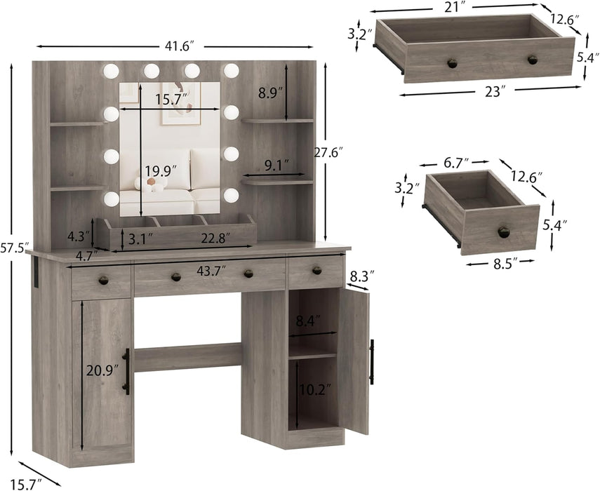 Grey Vanity Desk With Mirror LED BuiltInChargingStation