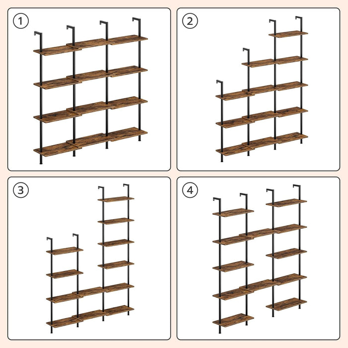 DIY Ladder Shelf, 6-Tier Wooden Wall Mounted Bookshelf, Narrow Bookcase, Display Shelf, Storage Rack, Plant Stand, for Living Room, Bedroom, Study, Balcony, Rustic Brown and Black BF651CJ01