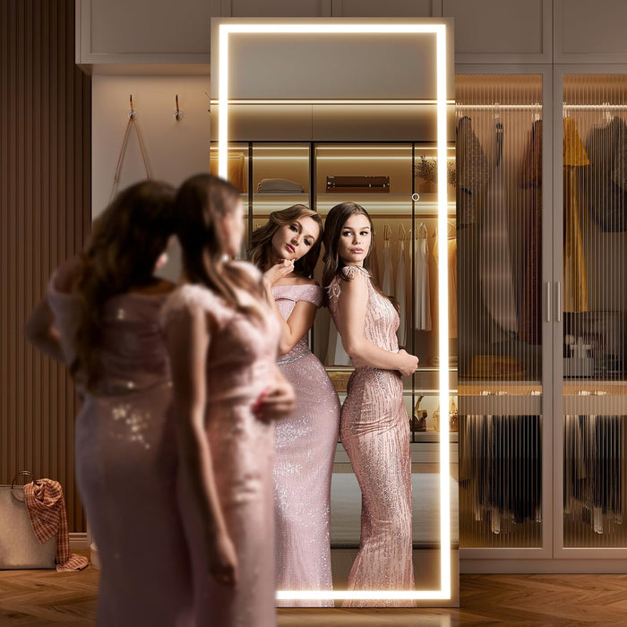 79" X 32" Full Length Mirror with Lights, Large LED Lighted Floor Standing Body Mirror, Dimmable & 3 Color Lighting for Bedroom, Cloakroom, Dressing Room, Tempered Glass, Black Frame