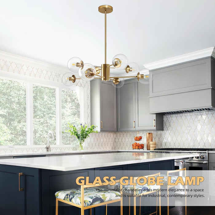 8-Light Globe Sputnik Chandelier Modern Gold Sputnik Chandelier Mid Century Globe Pendant Light Brushed Brass Finished with Clear Glass Lampshade Chandeliers for Kitchen Bedroom