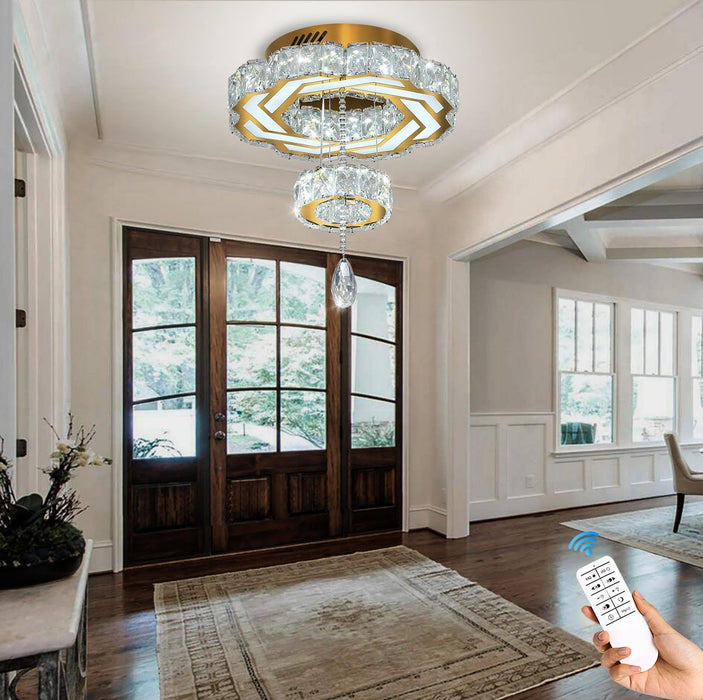 Small Crystal Chandeliers Dia 12" Gold Chandelier Flush Mount Ceiling Light for Bedroom Living Room Dining Room Hallway Dimmable 3 Rings LED Celing Lighting Fixtures