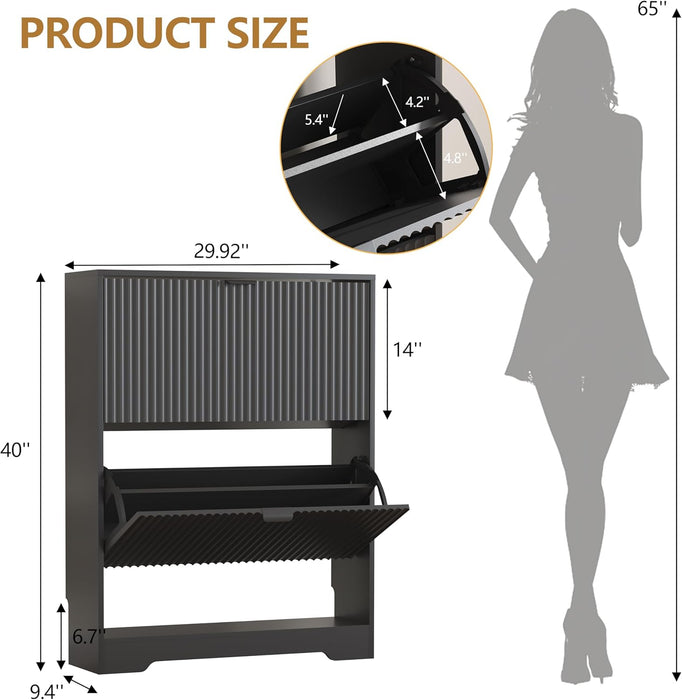 Black Fluted Shoe Cabinet With OpenStorageCompartment