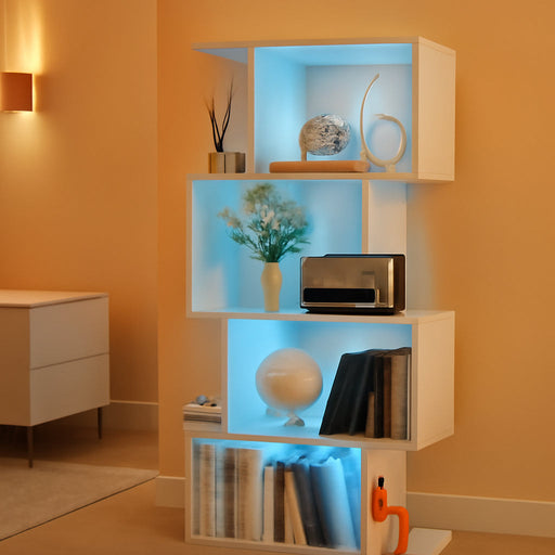 White Geometric Bookshelf with LED Light, 5 Tier S-Shaped Small Bookcase, Modern Display Standing Shelf, Metal Wooden Decorative Storage Shelves for Bedroom, Living Room, Office