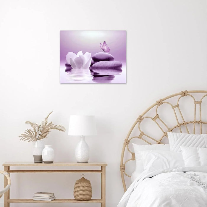 Zen Stone Canvas Wall Art Water Lily and Purple Butterfly on the Lake Wall Art for Bathroom Living Room Bedroom Spiritual Yoga Spa Picture Wall Decor Framed Bedroom Wall Art,16X12 Inches