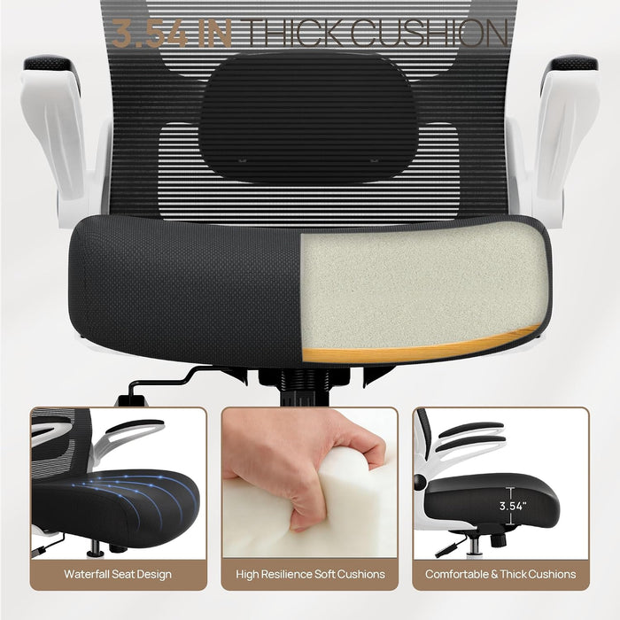 Ergonomic Office Chair - Desk Chair with Flip-Up Armrests & 135° Recline, Adjustable Lumbar Support - Space-Saving Task Chair for Business/Team Office & Home (White Frame-Black, 300Lbs)