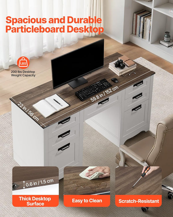 60" Executive Desk with Drawers, Farmhouse Home Office Desk with Charge Station, Keyboard Tray, File Storage Cabinet, 200 LBS Load Capacity Wood Table, Easy Assembly, for Work Study, Walnut