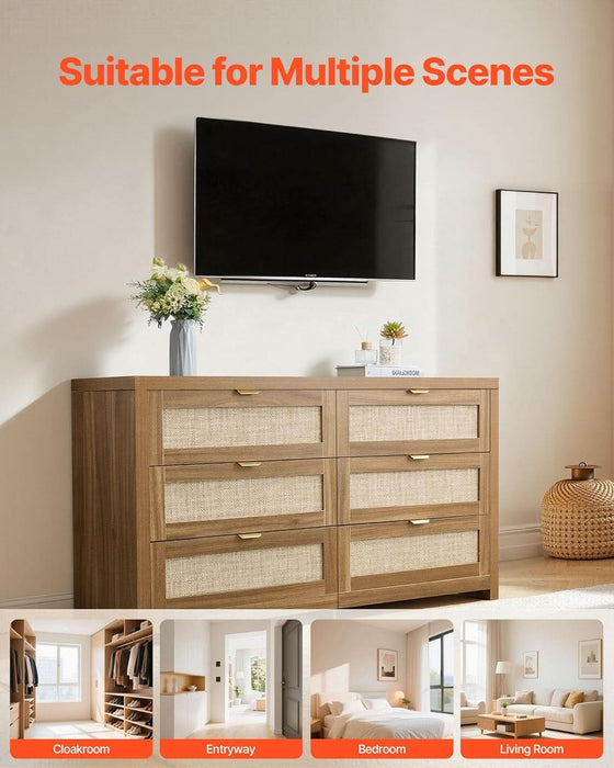 Large Boho Dresser for Bedroom, 57" Wide Rattan Dresser 6 Drawer with Ample Storage, Modern Wood Chest of Drawers Closet TV Stand Dressers for Living Room, Walnut Oak