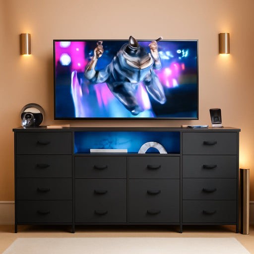 12 Drawer Dresser for Bedroom, Black Dresser TV Stand for 65, 70, 75 Inch TV with Led Light & Charging Station, Wide Chest of Drawers with Open Shelves, Fabric Dressers for Closet, Living Room