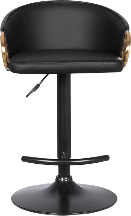 Solstice Adjustable Black Faux Leather Swivel Barstool with Black Powder Coated Finish and Gold Accents