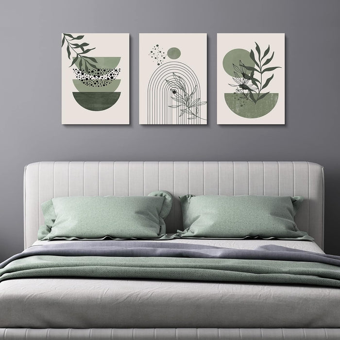 Sage Green Wall Posters & Prints, Green Boho Wall Art Set of 3, Minimalist Framed Wall Art Geometric Line Leaf Sun Moon Beige Green Canvas Artwork Paintings