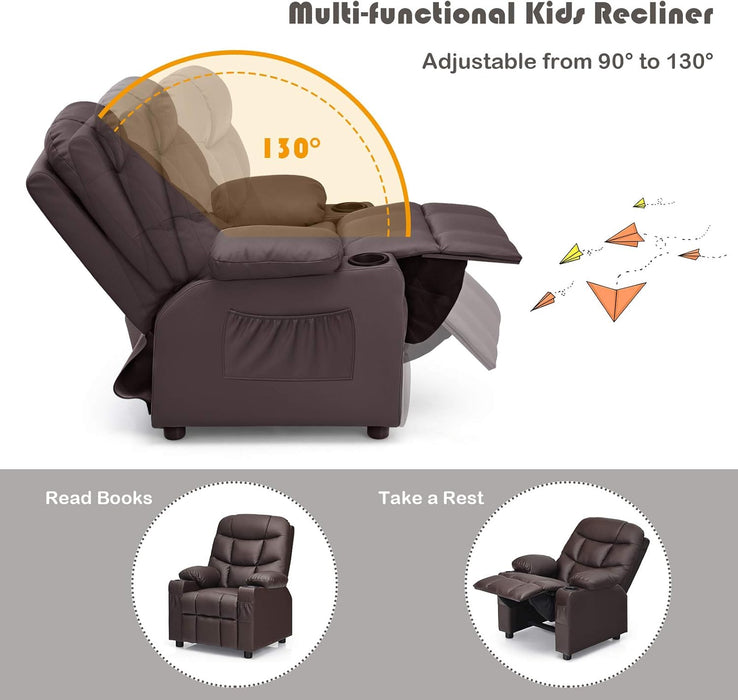 Kids Recliner Chair with Cup Holder, Adjustable Leather Lounge Chair W/Footrest & Side Pockets for Children Boys Girls Room, Ergonomic Toddler Furniture Sofa, Kids Recliner (Brown)