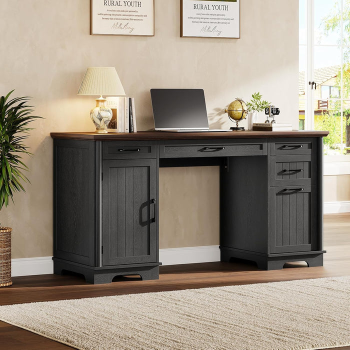56" Large Executive Desk with Drawers,Modern Farmhouse Home Office Desk with Charging Station, Wood Computer Writing Desk with File Drawer for Study Work Bedroom Living Room Black