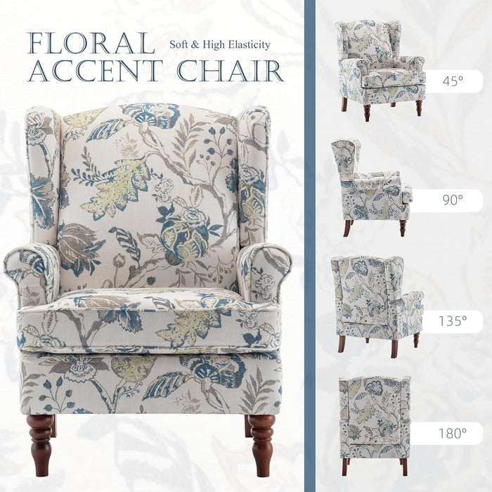 Blue Floral Upholstered Accent Armchair Living Room