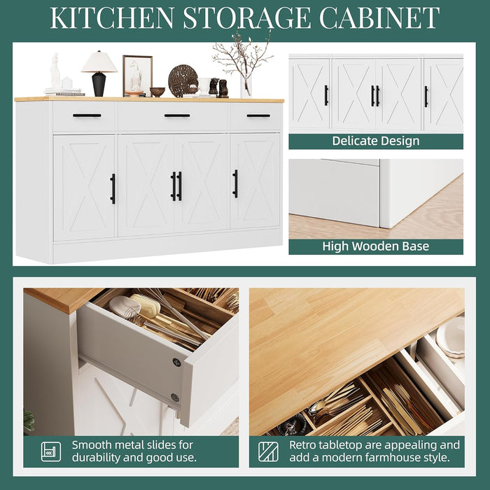 Buffet Cabinet with Storage,53.4" Large Kitchen Storage Cabinet with 3 Drawers and 4 Doors,Wood Farmhouse Buffet Sideboard with Adjustable Shelf for Kitchen Living Room, White