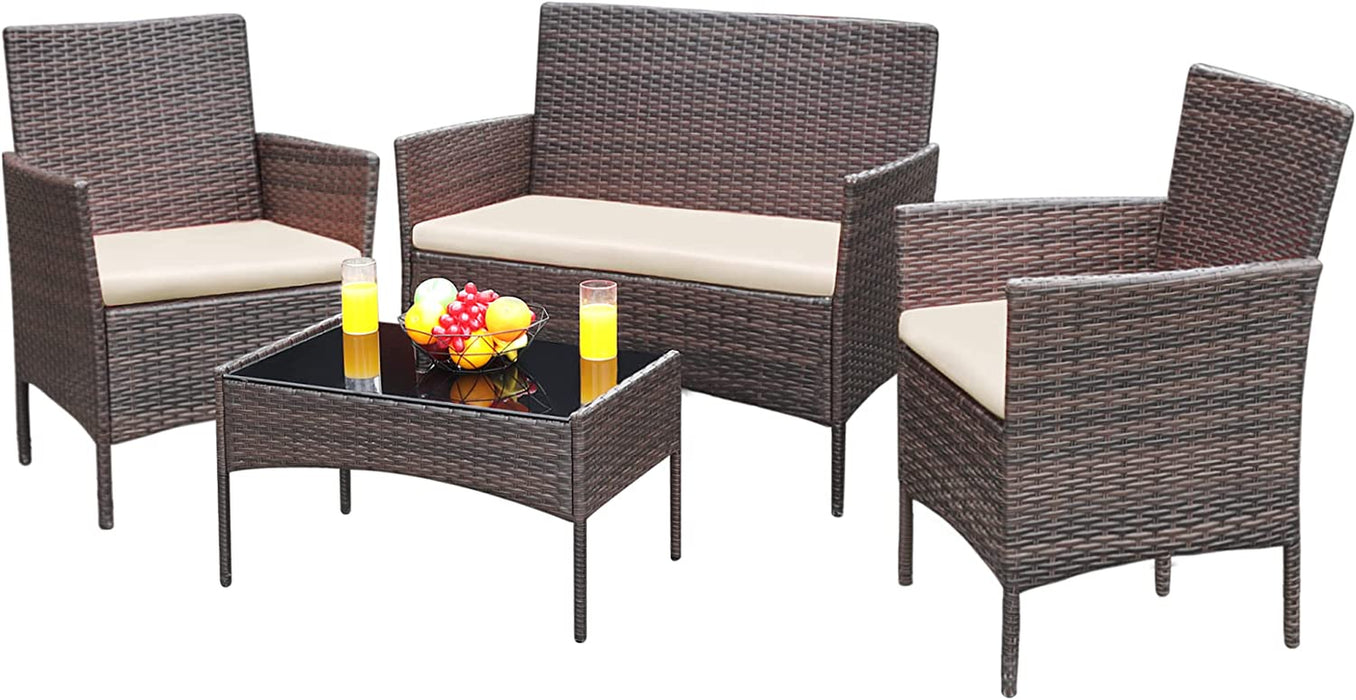 Patio Furniture 4 Pieces Conversation Sets Outdoor Wicker Rattan Chairs Garden Backyard Balcony Porch Poolside Loveseat with Soft Cushion and Glass Table, Brown and Beige