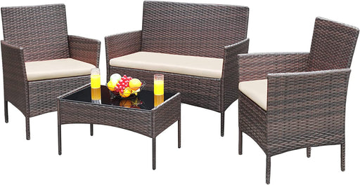 Patio Furniture 4 Pieces Conversation Sets Outdoor Wicker Rattan Chairs Garden Backyard Balcony Porch Poolside Loveseat with Soft Cushion and Glass Table, Brown and Beige