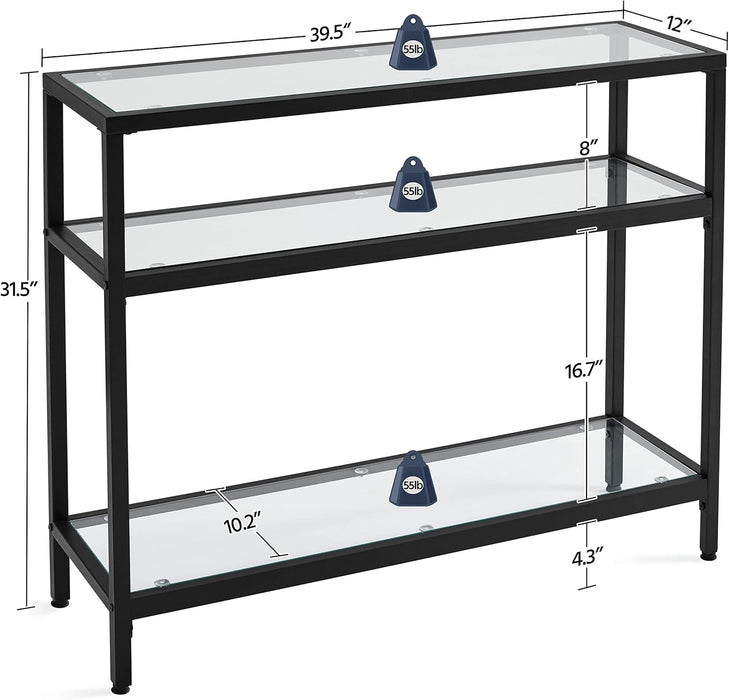 Yaheetech 39.5" Console Table with 3 Storage Shelves,Tempered Glass Sofa Table, Modern Entryway Tables with Metal Frame for Hallway Living Room Bedroom, Easy Assembly, Black