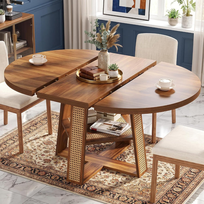 43"-59" Extendable round Dining Table for 4-8, Cross Leg | Modern Kitchen Oval Dining Table with Removable Leaves, Wood Base with Storage Shelf for Kitchen Living Room, Walnut