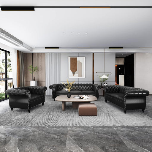 3 Piece Living Room Set, Sectional Chesterfield Sofa Chair Contemporary Upholstered Artificial Leather Loveseat Couch Sets for Living Room, Bedroom, Office (Black)