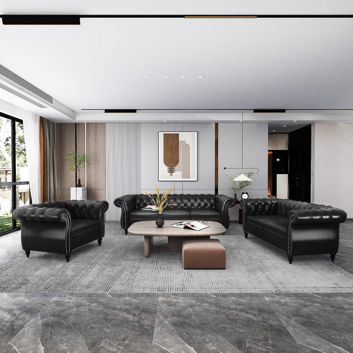 3 Piece Living Room Set, Sectional Chesterfield Sofa Chair Contemporary Upholstered Artificial Leather Loveseat Couch Sets for Living Room, Bedroom, Office (Black)